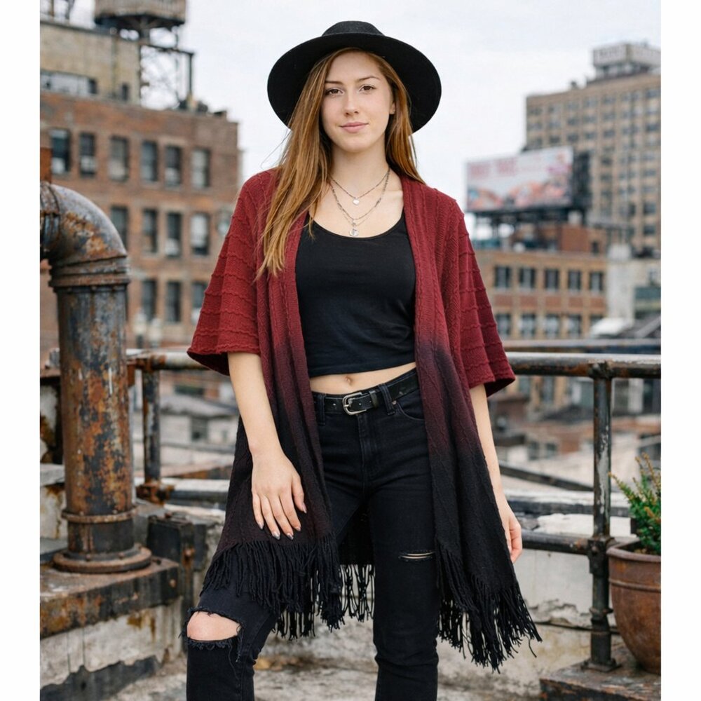 One Size Open Front Ombre Burgundy Black Soft Knitted Cardigan Short Sleeves NEW